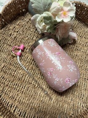 Shabby Chic 16oz Wine/Drink Tumbler W/Straw And Silicone Topper and Charm Pink